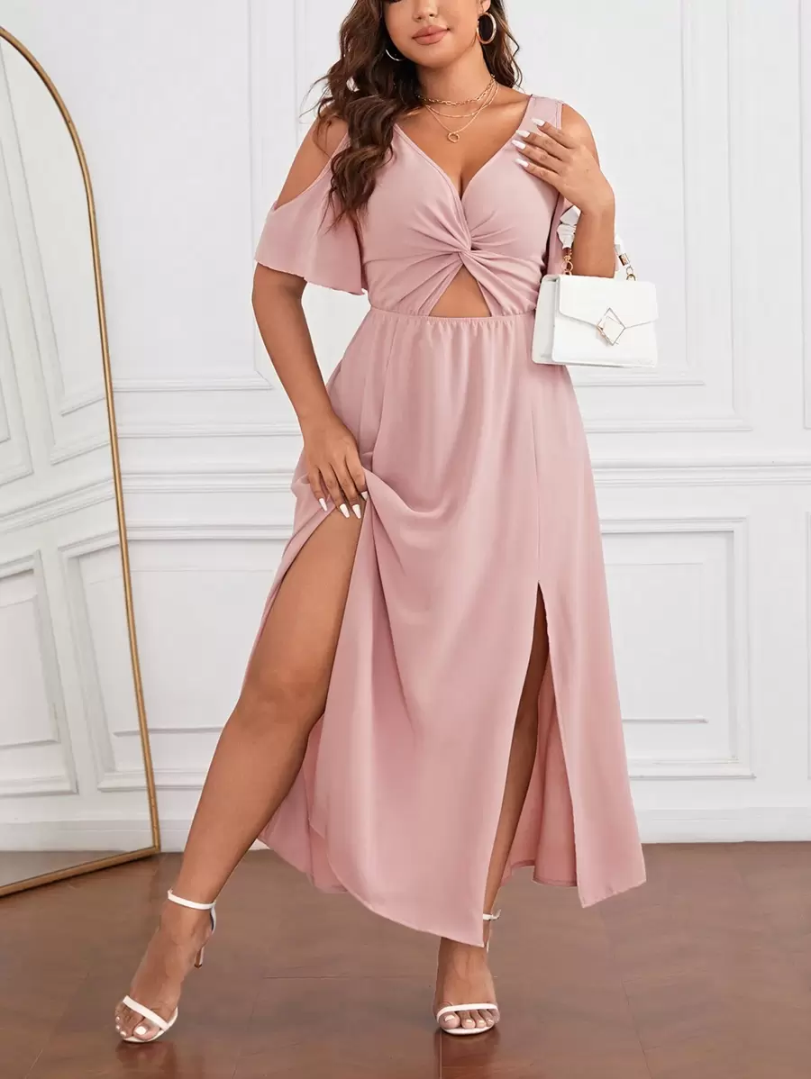 SHEIN Privé Plus Cold Shoulder Twist Front Cut Out Split Thigh Dress - Dusty Pink - View 1