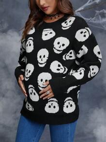 SHEIN Maternity Halloween Allover Skull Pattern Drop Shoulder Sweater, For Winter - Black and White - View 3
