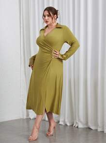 SHEIN Essnce 大碼素色圍裹連衣裙 - 綠色 - 查看 3