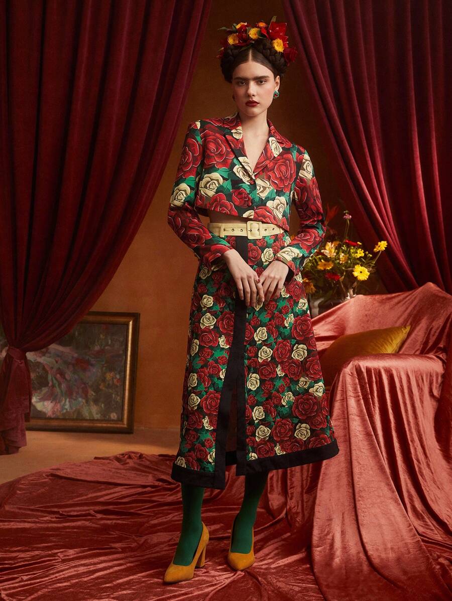 Frida Kahlo X SHEIN X Designer PANUCO Floral Print Split Hem Belted Skirt