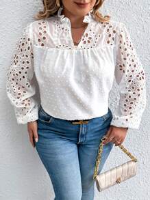 Calvaya 大碼圓點褶邊燈籠袖襯衫 - 白色 - 查看 6