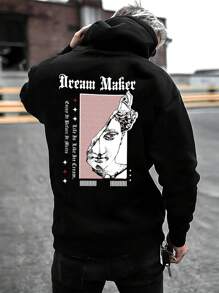 Manfinity Roghcode 男士標語和人物圖案袋鼠口袋抽繩連帽衫 - 黑色 - 查看 4