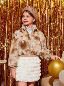 SHEIN Tween Girl Tie Dye Drop Shoulder Zipper Fuzzy Coat - Apricot - View 1