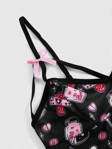 ROMWE Kawaii Cartoon Print Harness Mesh Teddy Bodysuit - Black - View 3