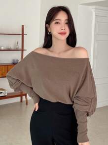 DAZY Off Shoulder Batwing Sleeve Sweatshirt - Coffee Brown - View 4