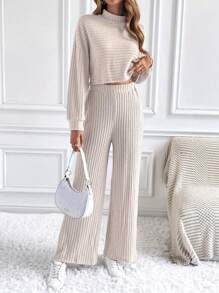 SHEIN Frenchy 小高領落肩T恤&闊腿褲 - 杏色 - 查看 1