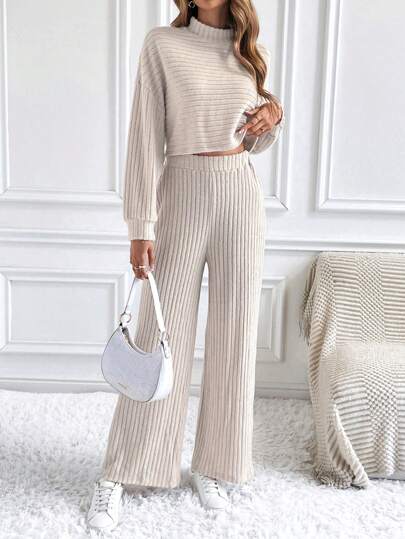 SHEIN Frenchy de cuello alto Camiseta de hombros caídos & Pantalones de pierna ancha
