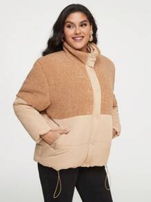 SHEIN Essnce Plus Two Tone Drawstring Hem Padded Coat - Khaki - View 1
