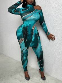 Slaydiva Hơn In Đá cẩm thạch Cổ không đối xứng Áo thun và Leggings - Xanh và trắng - Xem 1