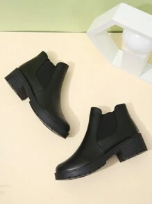 女式大码黑色踝靴，粗跟休闲一脚蹬靴，皮革和织物拼接，高跟，保暖，秋冬 - 黑色 - 查看 9