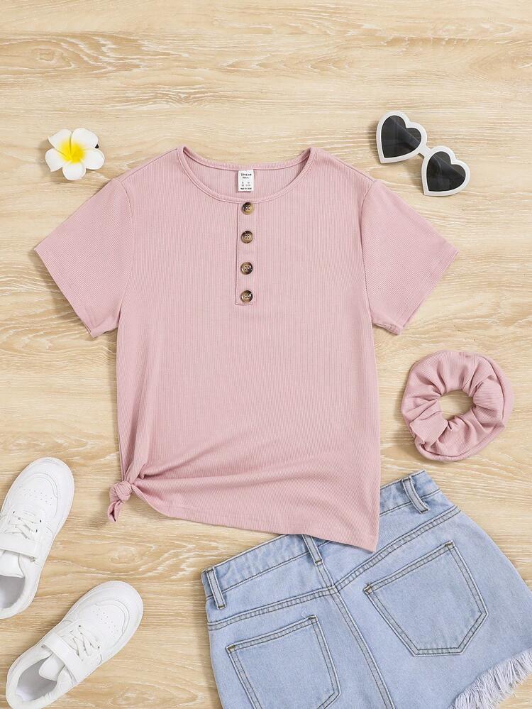Teen Girl Button Detail Tee & Scrunchie
