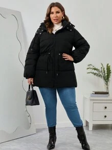 SHEIN Essnce Plus Drawstring Waist Zip Up Snap Button Hooded Padded Coat - Black - View 4