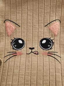 SHEIN Leap Crew Young Girl Cartoon Embroidery Hooded Dress - Khaki - View 4