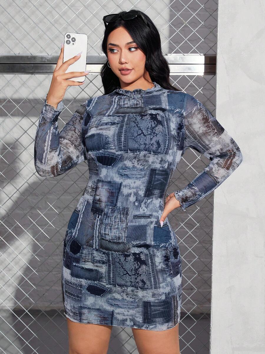 SHEIN EZwear 大碼色塊拼接圖案小高領緊身洋裝 - 彩色 - 查看 1
