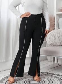 SHEIN Essnce Plus Contrast Piping Split Hem Flare Leg Jeans - Black - View 4
