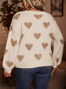 Calvaya Plus Heart Pattern Drop Shoulder Sweater Knit Pullover Fall Winter Sweater - Multicolor - View 2