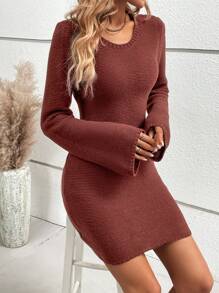 SHEIN Clasi Solid Flare Sleeve Sweater Dress - Coffee Brown - View 6