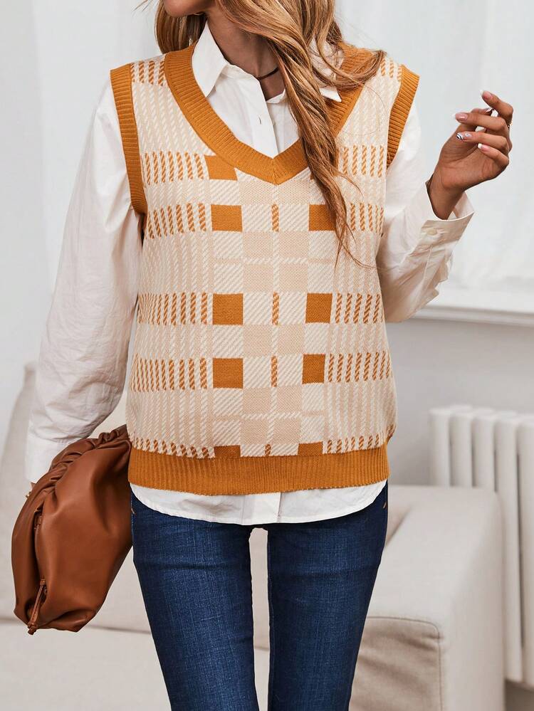 Plaid Pattern Sweater Vest Without Blouse