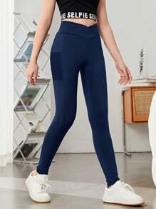 SHEIN 青少年女孩寬腰帶側邊手機口袋緊身打底褲