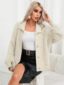 SHEIN Privé Vạt váy nút Đan mềm mại Áo len Mở - Lạc đà - Xem 7