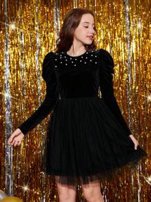 青少年女孩珍珠串珠羊腿袖網紗覆蓋洋裝不附腰帶 - 黑色 - 查看 5