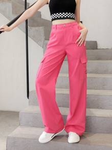 SHEIN 青少年女孩側翻蓋口袋工裝牛仔褲 - 玫紅色 - 查看 4