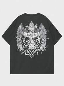 ROMWE MEN Goth Men Wings & Cross Print Tee - Dark Grey - View 1