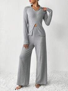 SHEIN Essnce Viền chia cắt Áo thun & Quần ống rộng - Xám - Xem 6