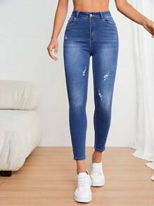 SHEIN LUNE Quần jean rách - Rửa trung bình - Xem 2