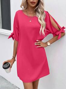 SHEIN Clasi 素色打結袖口直筒洋裝 - 玫紅色 - 查看 3