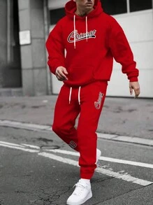 Manfinity Homme Men Plus Letter Graphic Kangaroo Pocket Drawstring Hoodie & Sweatpants - Red - View 1