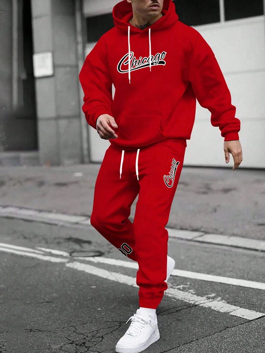 Manfinity Homme Men Plus Letter Graphic Kangaroo Pocket Drawstring Hoodie & Sweatpants - Red - View 1