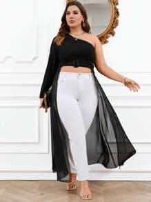 Celure Plus One Shoulder Lettuce Trim Asymmetrical Hem Top - Black - View 3