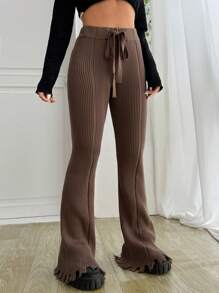 SHEIN EZwear Drawstring Waist Flare Leg Knit Pants In Fall/Winter - Chocolate Brown - View 1