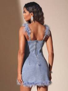 SHEIN BAE Fuzzy Trim Denim Dress - Blue - View 2