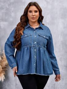 SHEIN LUNE Hơn Túi có nắp Raw Hem Áo sơ mi denim - Rửa trung bình - Xem 1