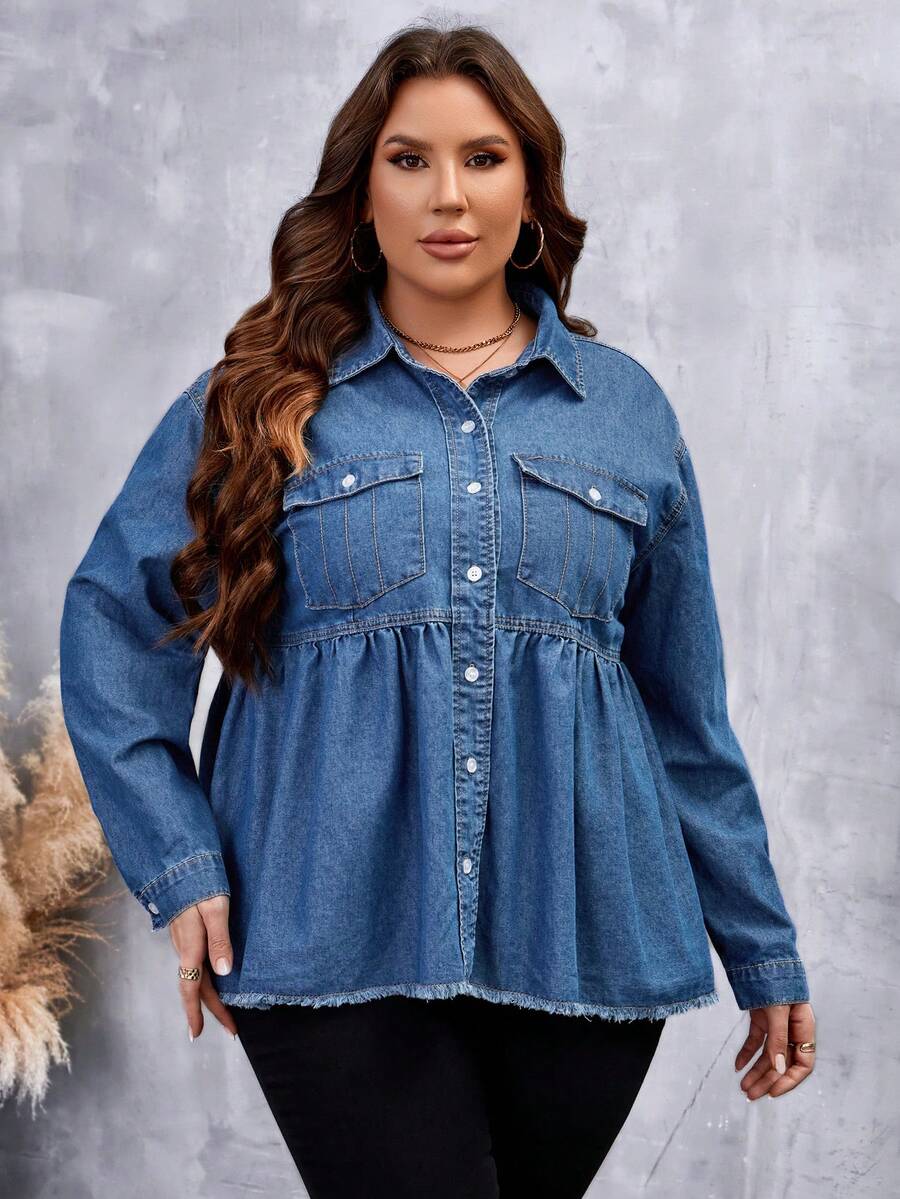 SHEIN LUNE Hơn Túi có nắp Raw Hem Áo sơ mi denim - Rửa trung bình - Xem 1
