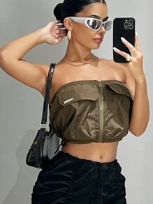 SHEIN ICON Zip Up Flap Detail Crop Tube Top - Army Green - View 1