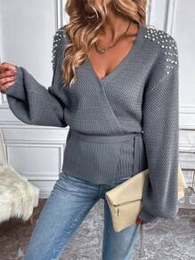 SHEIN Essnce Ngọc trai đính cườm Tay áo lồng đèn Thắt lưng Bọc Áo len Mở - Màu xám đen - Xem 1