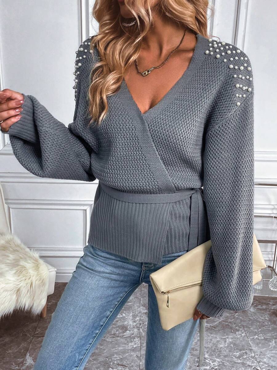 SHEIN Essnce Ngọc trai đính cườm Tay áo lồng đèn Thắt lưng Bọc Áo len Mở - Màu xám đen - Xem 1
