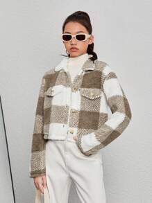 SHEIN Teen Girl Buffalo Plaid Print Flap Detail Teddy Jacket Without Sweater,In Fall/Winter