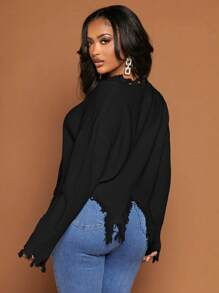 SHEIN SXY Drop Shoulder Distressed Asymmetrical Hem Sweater,Long Sleeve Tops In Fall/Winter - Black - View 2