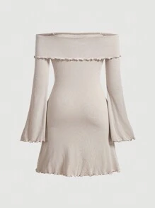 SHEIN MOD Women Dresses Lettuce Trim Ruffle Rib-Knit Plain Casual - Krem - View 2