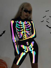 SHEIN ICON Halloween Reflective Skeleton Print Top & Biker Shorts, Neon Glow Party Outfit - Black - View 11
