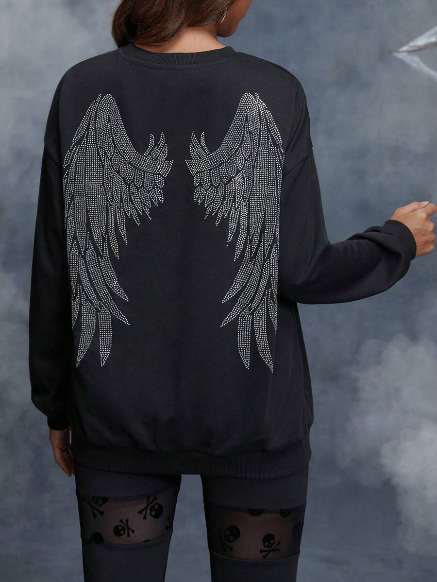 SHEIN Maternity Halloween Rhinestone Wing Pattern Drop Shoulder Sweatshirt, For Winter - Black - View 1