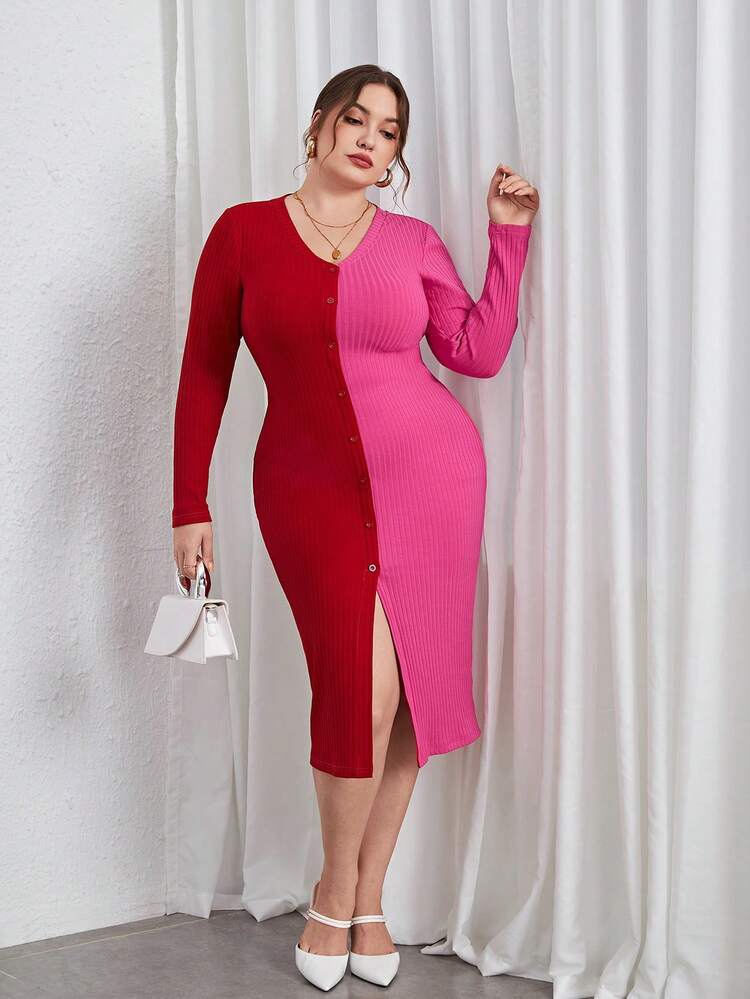Plus Two Tone Button Front Bodycon Dress