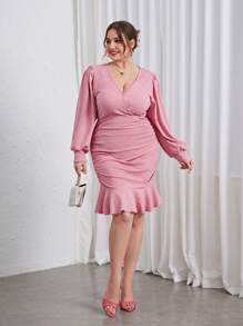 SHEIN Privé Talla grande Vestido de manga farol fruncido bajo con fruncido - Rosa - Ver 5