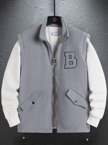 Manfinity Homme Loose Fit Men's Sleeveless Vest Jacket With Letter Applique & Zipper Closure, Tee Not Included - Grey - View 1