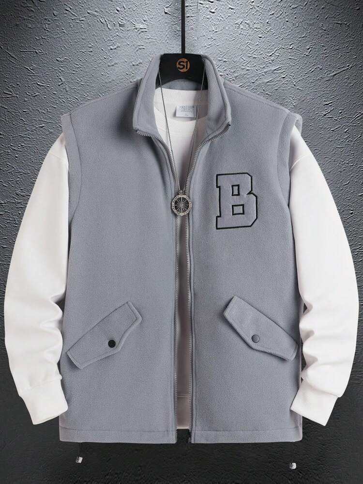 Loose Fit Men's Sleeveless Vest Jacket With Letter Applique & Zipper Closure, Tee Not Included