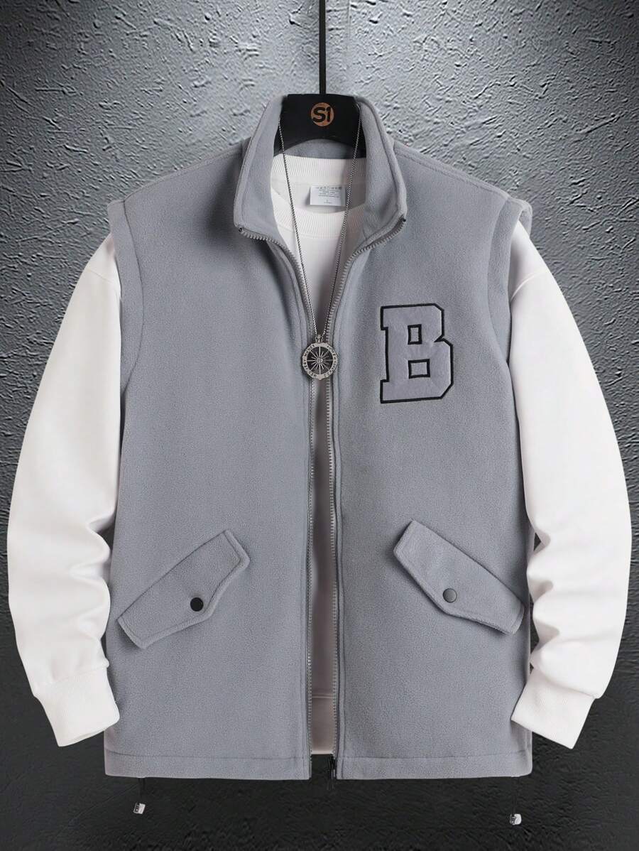 Manfinity Homme Loose Fit Men's Sleeveless Vest Jacket With Letter Applique & Zipper Closure, Tee Not Included - Grey - View 1